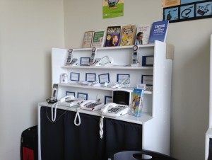 Shelving with telephones and other equipment