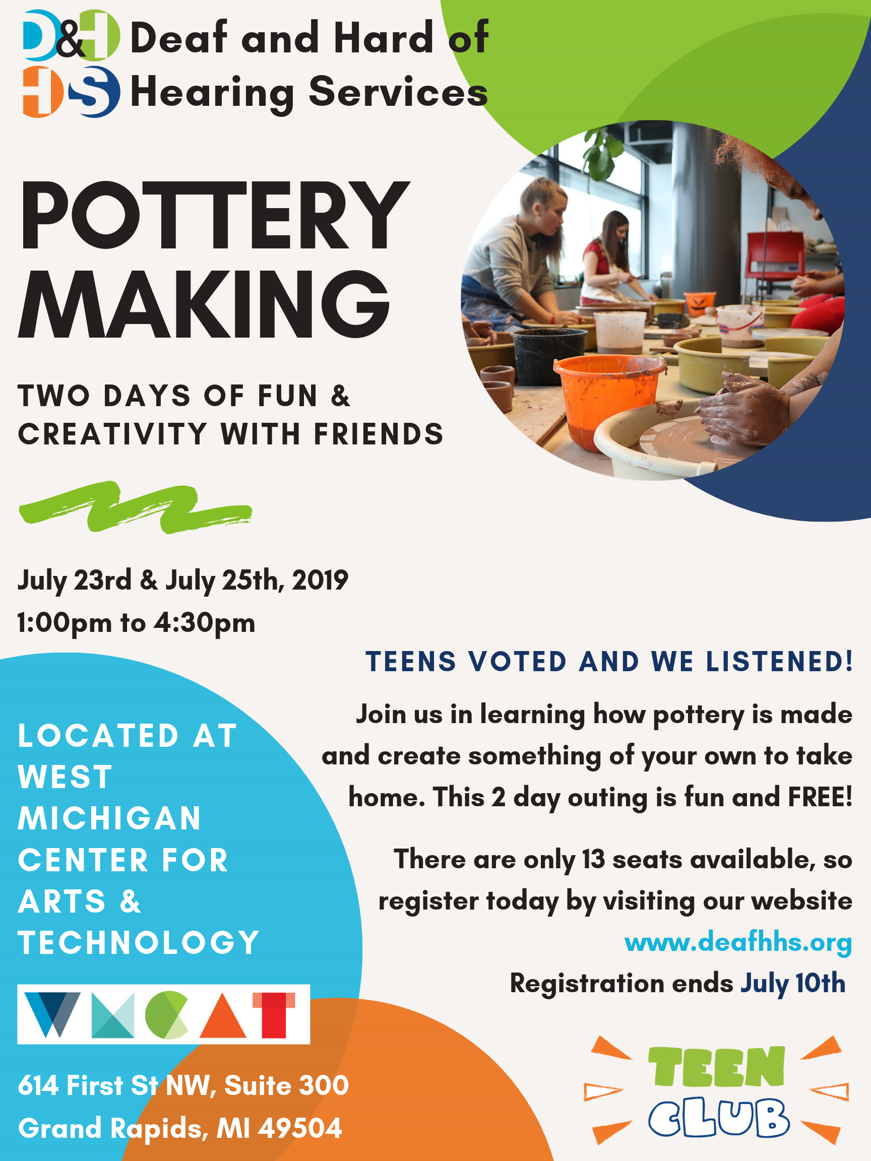 Flyer for teen club pottery details in description