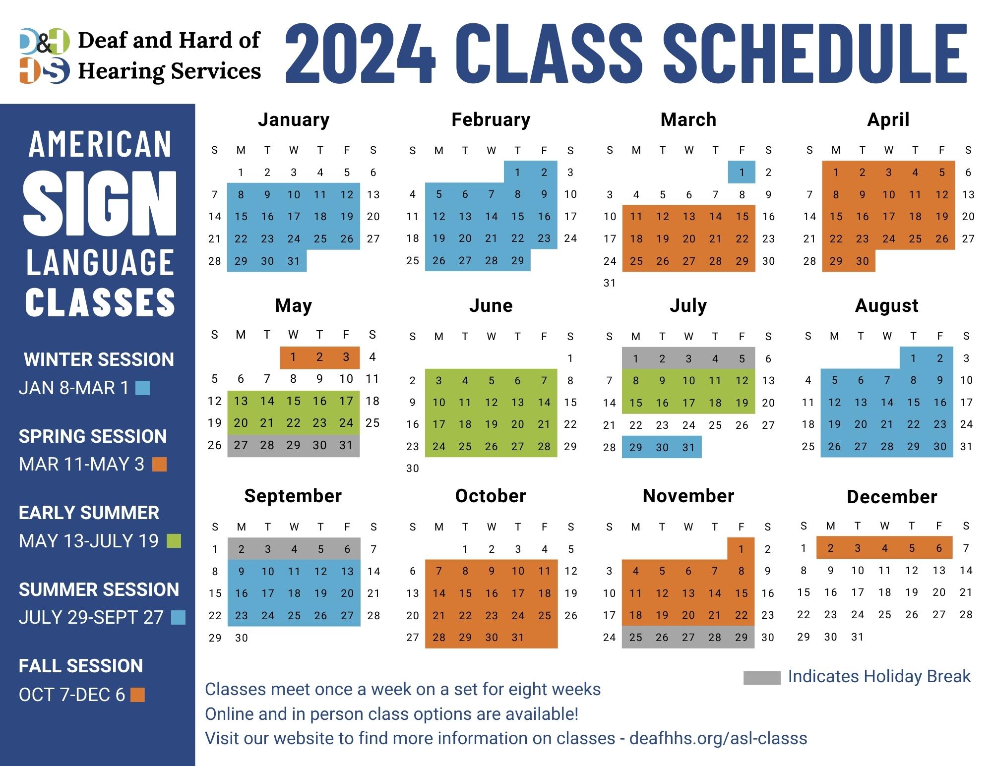 Photo of the 2024 ASL class schedule