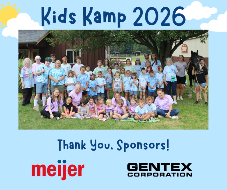 Photo of the Kids Kamp group outside. At the top the image says "Kids Kamp 2026" was graphics of a sky. At the bottom is says "Thank you, sponsors!" With the Meijer Logo and the Gentex Corporation Logo